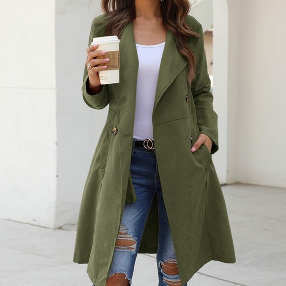 Dusty Pink Wide Collar Button Pea Coat Trench - Picture 7 of 11